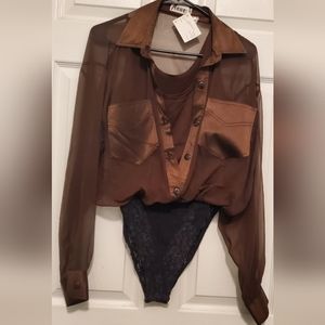 A'Nue  Ligne - Brown Body Suit Blouse